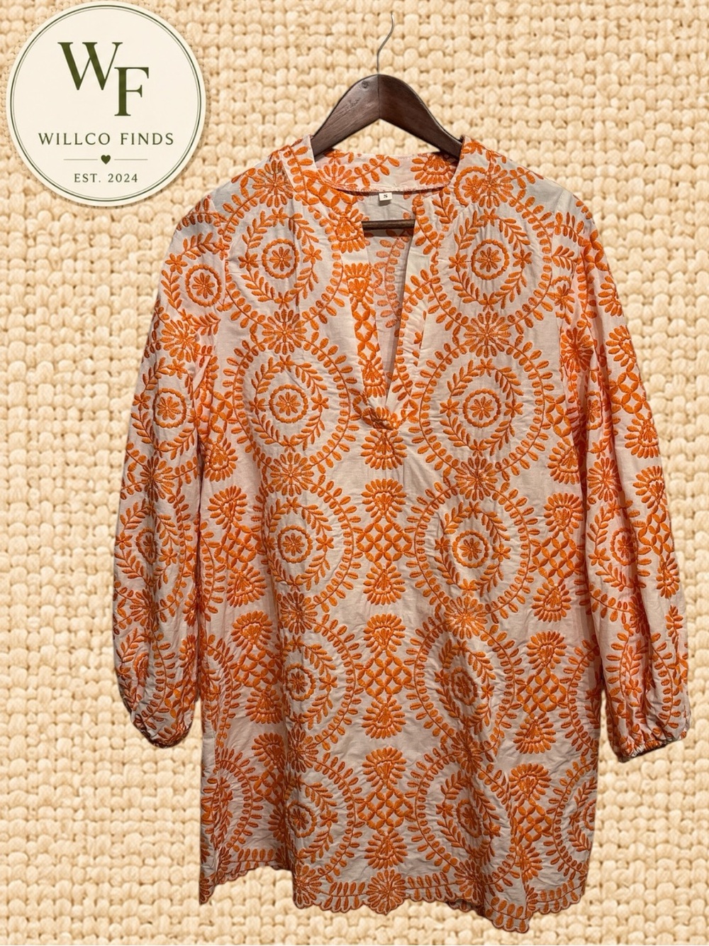 Orange Embroidered White Shift Dress Women’s Small Boho Tunic Scallop Hem